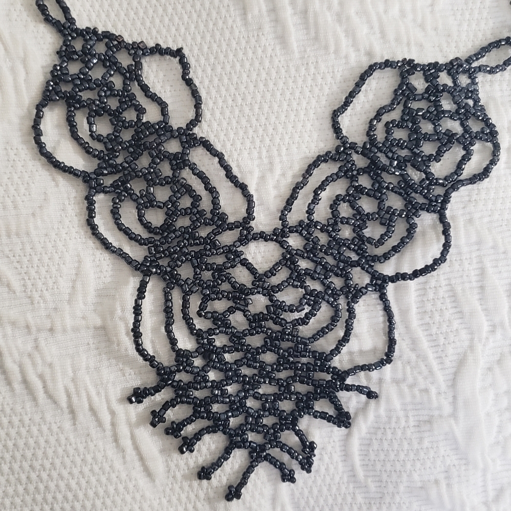 OOAK, Unique, Vintage Egyptian Black Iridescent Bead Necklace, Beduin Women Made
